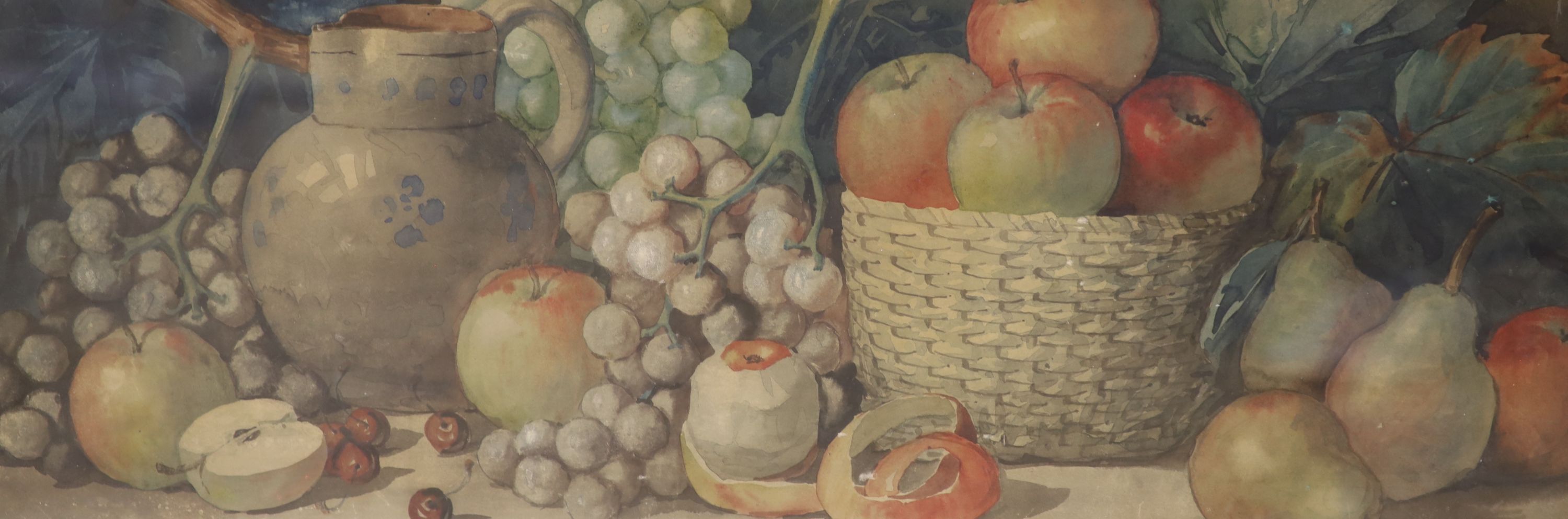 Arthur Dudley, watercolour, Still life of fruit, signed, 26 x 77cm and a still of flowers by Gwen Rayner, 45 x 32cm